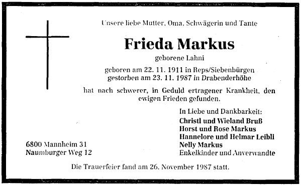 Lahni Frieda 1911-1987 Todesanzeige